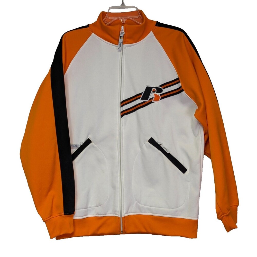 Russell Athletic Track Jacket Mens M Full Zip Orange White Retro 80s 90s Y2K